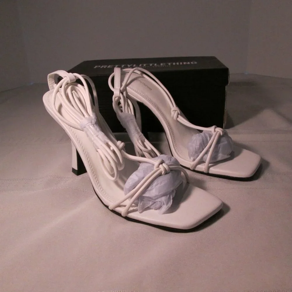 PrettyLittleThing Barely There Twisted Knot Lace Up Heeled Sandals Sz 7